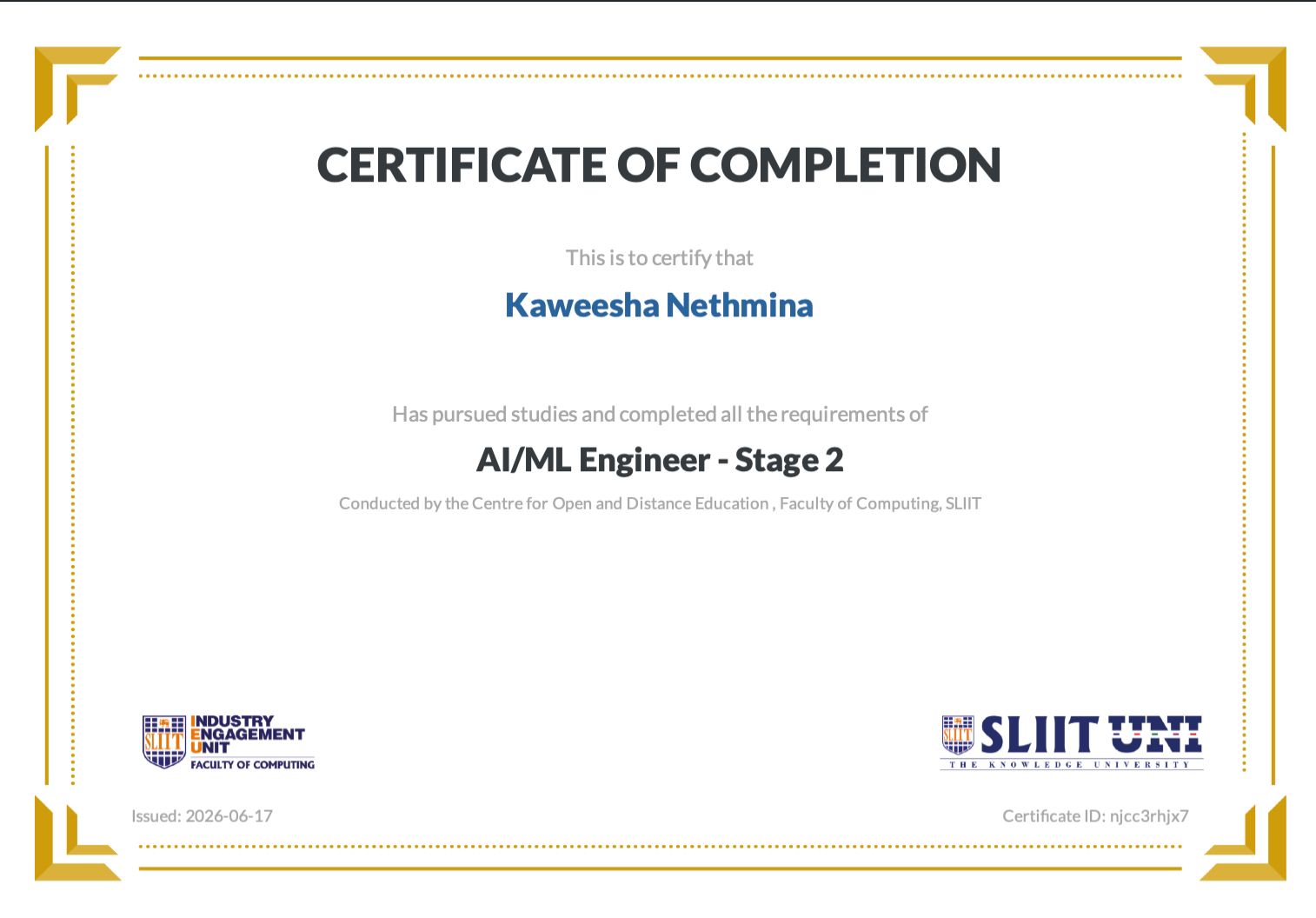 AI/ML Engineer - Stage 2 certificate